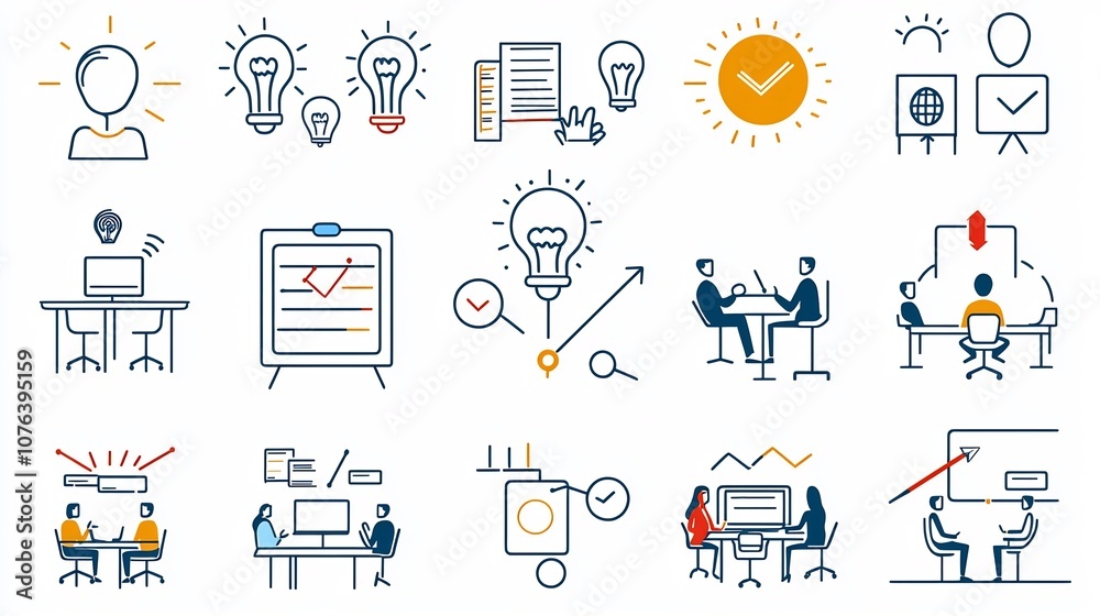 Aufkleber Outline Icon Set Depicting Various Symbols and Elements Related to Collaborative Work Processes Teamwork Activities and Business Meetings and Discussions