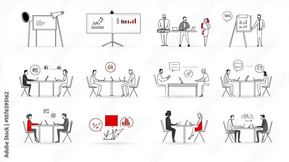 Poster Set of 15 thin line icons depicting various business meeting and presentation elements including team project speaker podium and QA session designed for use in corporate professional