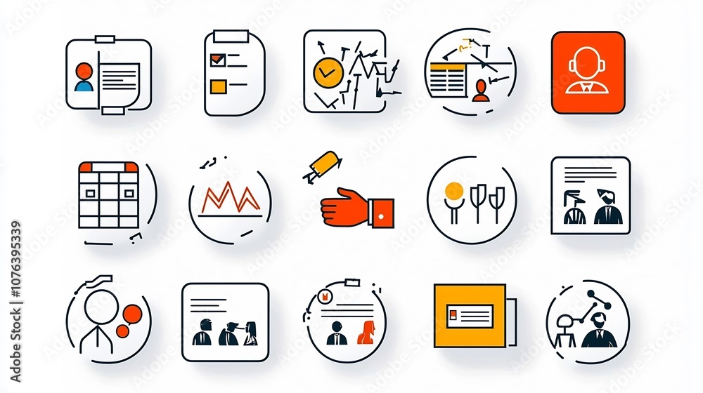 Poster Set of 15 clean minimalist outline icons representing professional interactions such as handshake meeting schedule and attendee badge with an editable style