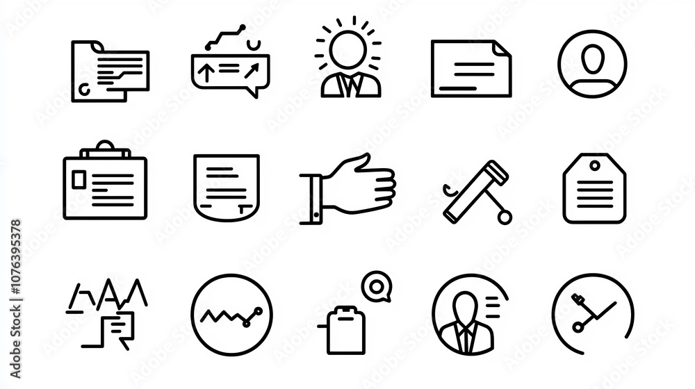 Poster Comprehensive set of 15 outline icons representing various professional interactions and handshake meeting schedule and attendee badge in a clean style with editable strokes