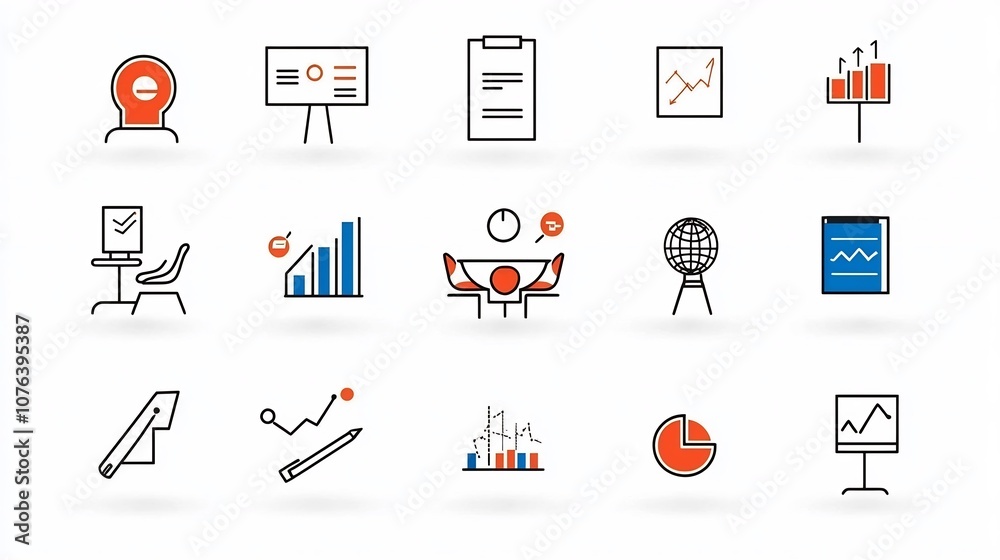 Poster clean of a collection of 15 linear icons representing elements of corporate meetings including agend