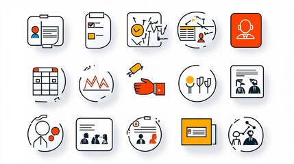 Set of 15 clean minimalist outline icons representing professional interactions such as handshake meeting schedule and attendee badge with an editable style