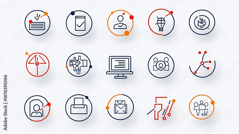 Poster Set of 15 linear icons depicting meeting and seminar themes including symbols for virtual meeting panel discussion and teamwork  Simple showcasing business communication and concepts