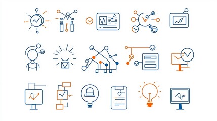 Collection of 15 outline style icons for team gatherings focusing on networking knowledge sharing and project planning with a minimal design approach