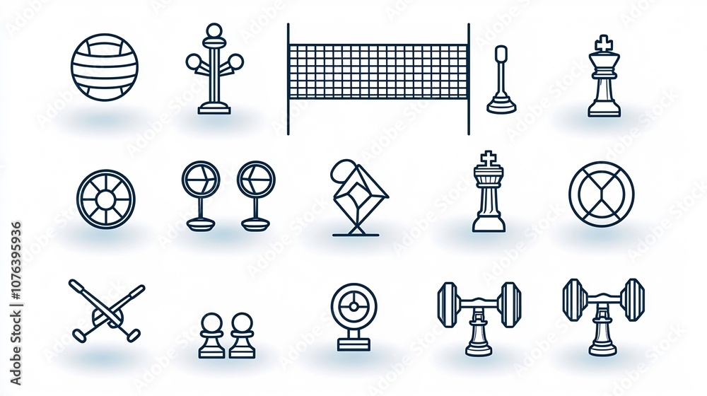 Aufkleber minimalist outline icon set featuring 15 sports related symbols including volleyball net chess piece