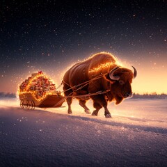 A bison pulls a festive, illuminated sleigh through a snowy landscape, creating a magical winter scene under a starry sky.