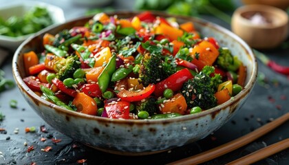 Colorful Vegetable Stir-Fry with Sesame Seeds in a Bowl