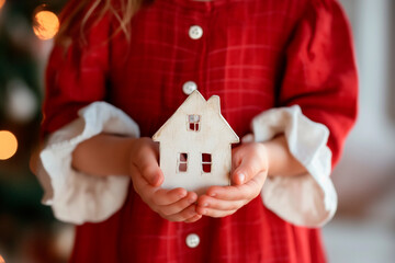 little girls' hands holding little white wooden house toy