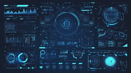 A collection of blue HUD and sci-fi UI elements, including futuristic circles, frames, callout titles, loading bars, arrows, holograms for VR, icons, bar labels, and lines. 
