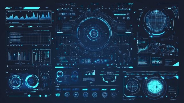 A collection of blue HUD and sci-fi UI elements, including futuristic circles, frames, callout titles, loading bars, arrows, holograms for VR, icons, bar labels, and lines. 