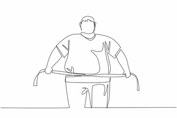 Single one line drawing obese man wrapped in measuring tape. The stomach is swollen and sagging. Maintain a diet. Increase exercise. World Obesity Day. Continuous line design graphic illustration