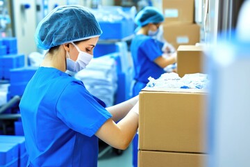 Healthcare workers in surgical scrubs organizing medical supplies in a hospital setting