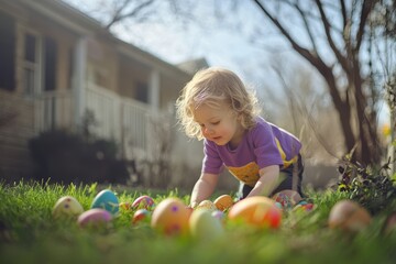 Child enjoying easter egg hunt adventure in sunlit backyard