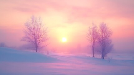 A Soft, Misty Sunset Over a Snowy Field with Bare Trees