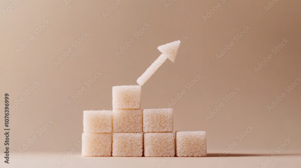 Poster sugar cubes in a graph show rising sugar consumption, warning of health risks and promoting sugar re