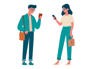 Young people, students, discussing, chatting coffee, phones, in different clothes set