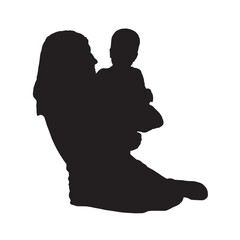 Silhouette of a sitting woman with a child in her arms isolated on white background. Vector illustration