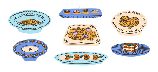 Set of Italian dishes. Pasta, lasagna, risotto, Ossobuco, pizza with mozzarella, gnocchi, ravioli, caprese, tiramisu Colorful bright vector illustration in modern style