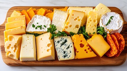 Variety of Cheeses and Meats on a Wooden Platter for Gourmet Tasting