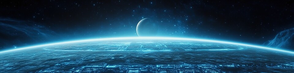  Abstract Marketing Background Featuring Blue Cosmic Planets and Technological Network Space, Showcasing a High-Tech 3D Render with Replicable Space, Perfect Composition, Clean Blue Background, Blank 