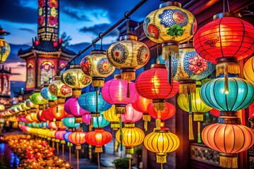 Captivating Chinese New Year Lanterns Glowing in the Night Sky with a Festive Atmosphere and Copy Space for Celebratory Messages and Wishes