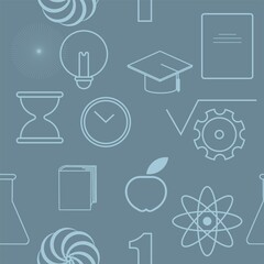 Back to school. University, education, school supplies. Seamless pattern of isolated illustrations in vintage style on the theme of education. For textiles, cards, covers. Digital illustrations