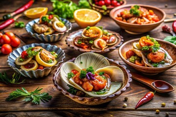 Captivating Clamshell Design Food Photography Featuring a Variety of Fresh Seafood Dishes Served in Elegant Clamshell Containers, Showcasing Culinary Artistry and Gourmet Presentation