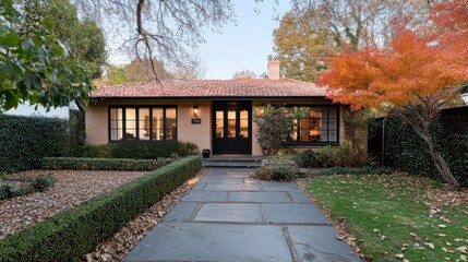 Fototapeta premium A charming orange cottage with vibrant autumn foliage, bordered by manicured hedges and a neat stone path leading to a welcoming entrance.