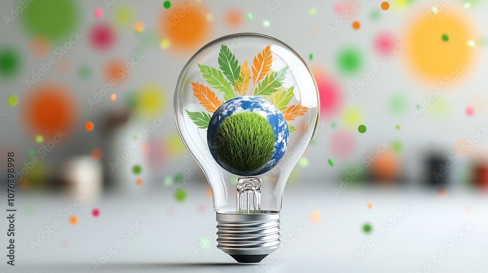 Poster close up of a transparent eco friendly light bulb with a small earth covered in grass inside represe