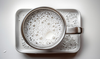 Professional Barista Milk Pitcher with Steamed Milk on White Background