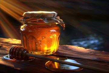 Jar of clear golden orange honey flowing with wooden dipper on blurred background. Glass bowl full of sweet liquid nectar puddle and wooden. Product photography with copy space stick.