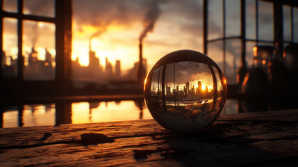 weathered antique crystal ball reflecting vibrant cityscape at sunset, capturing warm glow of skyline and intricate details of surroundings