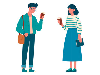 Young people, students, discussing, chatting coffee, phones, in different clothes set