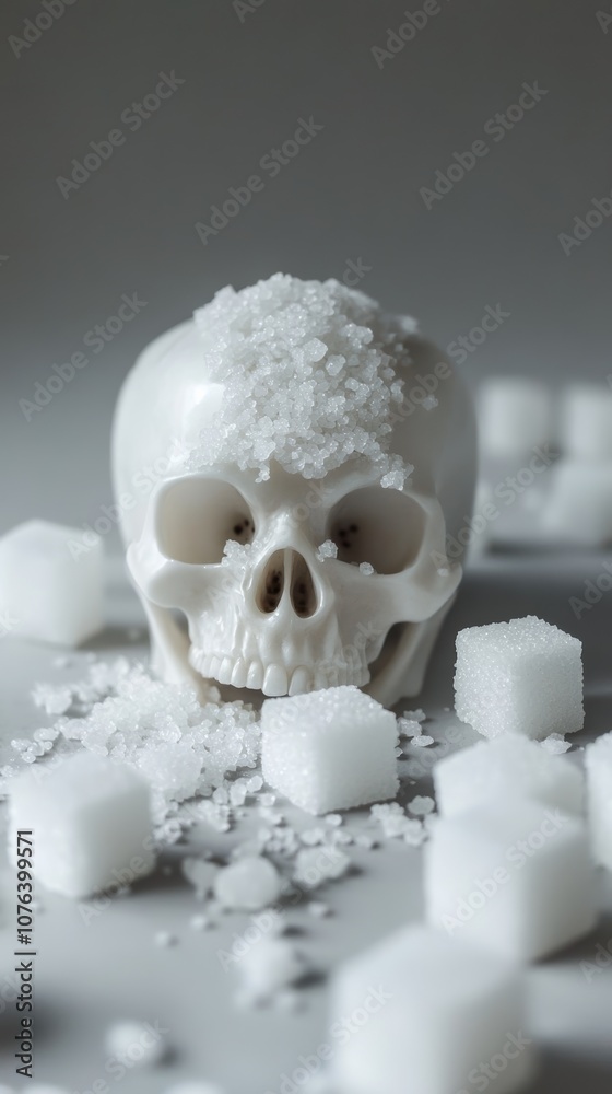 Poster white skull and sugar cubes lying on a gray background representing the health risks of excessive su