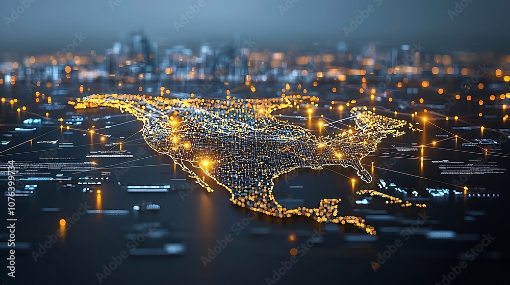 Poster Futuristic data flow visualization of the North American continent formed by a dynamic network of bright golden dots and lights