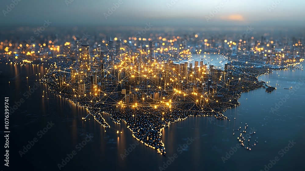 Poster Futuristic visualization of North America formed with bright golden dots and network like lights each point symbolizing the flow of data and creating a dynamic sense of depth and movement