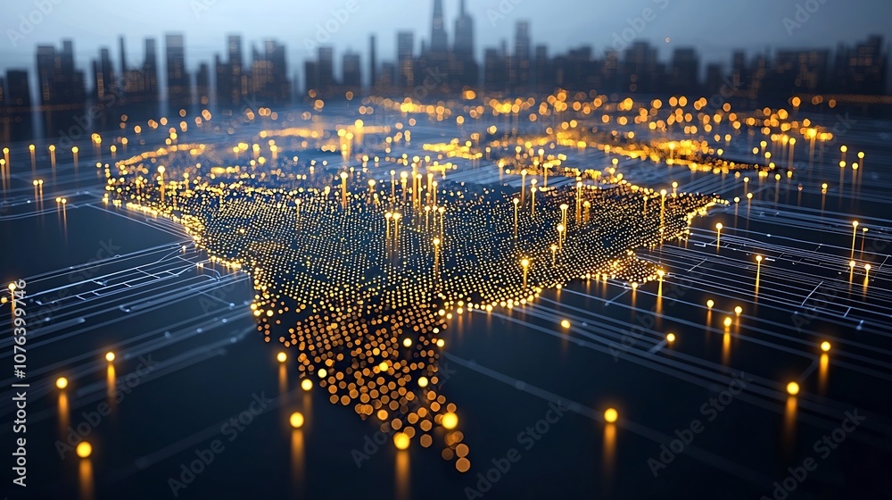 Poster futuristic visualization of north america formed with bright golden dots and network like lights