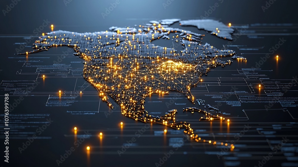 Poster Futuristic digital representation of North America with a glowing network of bright golden nodes and data points creating an intricate and intelligent connectivity pattern across the continent