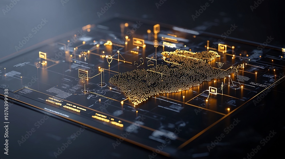 Poster Intricate digital rendering of North America s data landscape with a luminous grid of golden pixels and nodes each resembling a unique data point set against a dark and futuristic background
