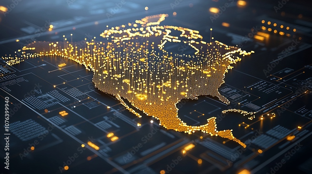 Poster A stunning digital rendering of the North American continent composed of intricate golden pixels and nodes resembling data points set against a captivating dark background with a luminous