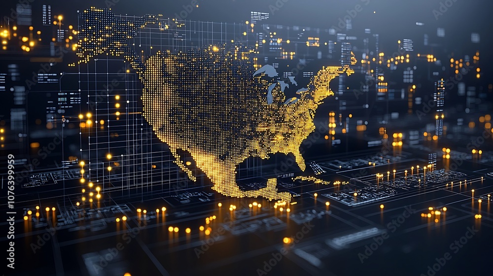 Poster Captivating digital rendering of the North American continent showcasing an intricate fractal design composed of golden pixels and nodes set against a dark background that creates a luminous
