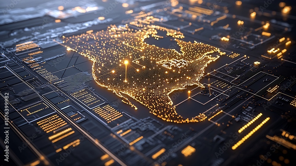 Poster Futuristic digital rendering depicting the North American continent composed of intricate golden pixels and nodes each resembling a data point set against a dark background with a luminous effect