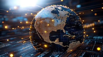 Glowing digital globe with a network of golden pixels and nodes creating a data grid effect with depth and motion through varying light intensity showcasing a high tech futuristic feel