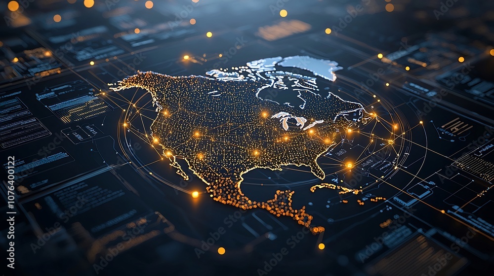 Poster Futuristic high tech digital map of North America showcasing a complex network grid with glowing golden nodes interconnected patterns and lights of varying brightness representing the concept of data