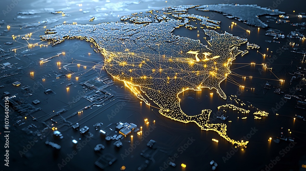Poster intricate digital visualization showcasing north america as a mesmerizing network of glowing golden 