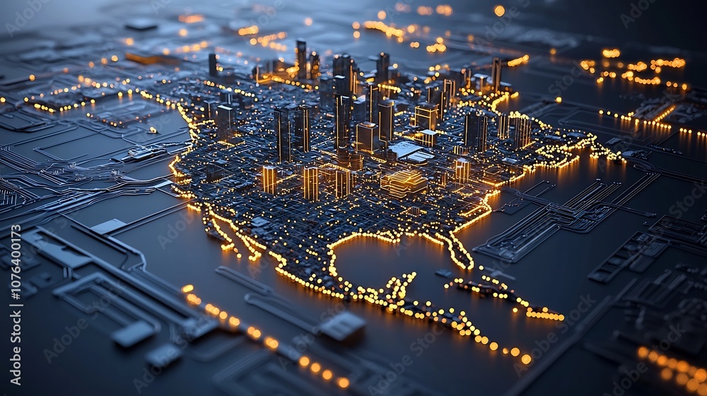 Poster Intricate digital visualization of North America formed by glowing golden dots with lights arranged like a sophisticated data network showcasing depth detail and advanced technology
