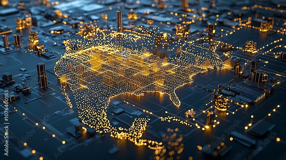 Poster Intricate digital visualization of North America formed by glowing golden dots with lights arranged like a data network showcasing depth detail and advanced technology