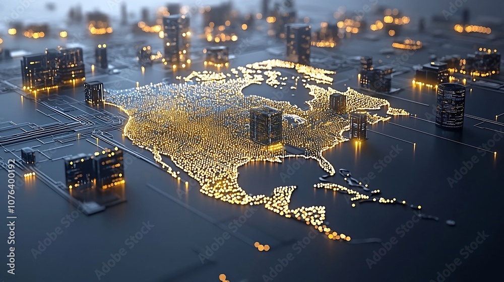 Aufkleber Intricate digital visualization of North America formed by glowing golden dots with lights arranged like a data network showcasing depth detail and advanced technology
