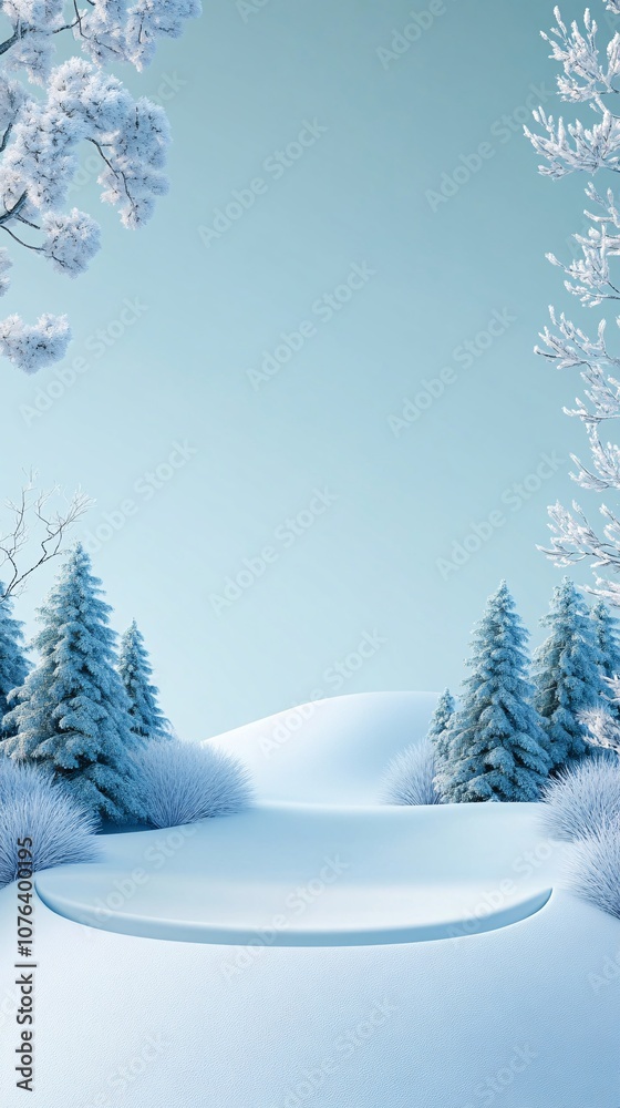 Poster snowy podium displaying winter wonderland scene with pine trees and frosted branches