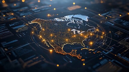 Futuristic high tech digital map of North America showcasing a complex network grid with glowing golden nodes interconnected patterns and lights of varying brightness representing the concept of data